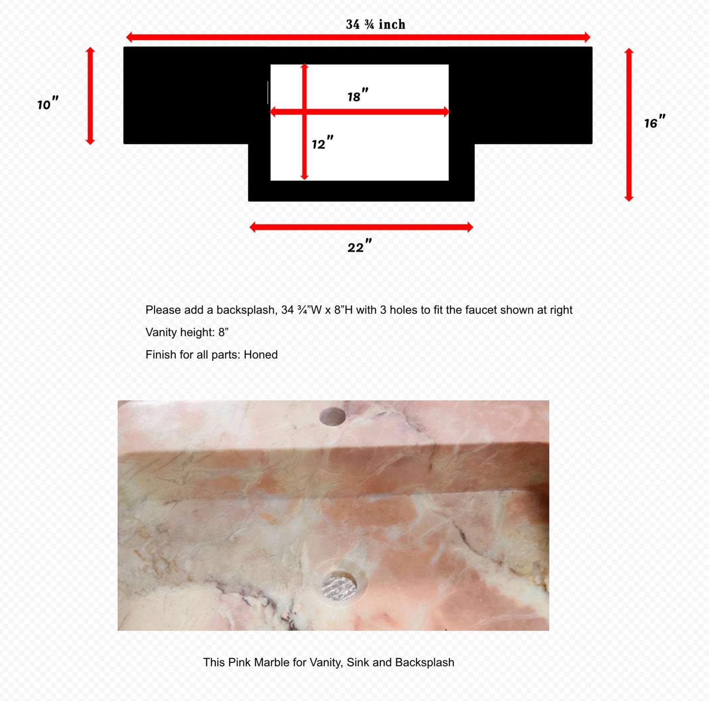 Custom Pink Marble Sink with Backsplash – 34 ¾” Wide – 3 Faucet Holes – Shipping Included - Zeus Marble