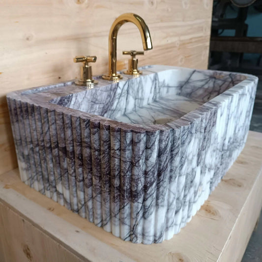 Fluted Farm Sink 24''x16''x8'' Powder Bathroom Sink, Handmade Marble Sink, Custom Stone Sink, Unique Decor, Natural Stone Basin, Vanity Sink - Zeus Marble