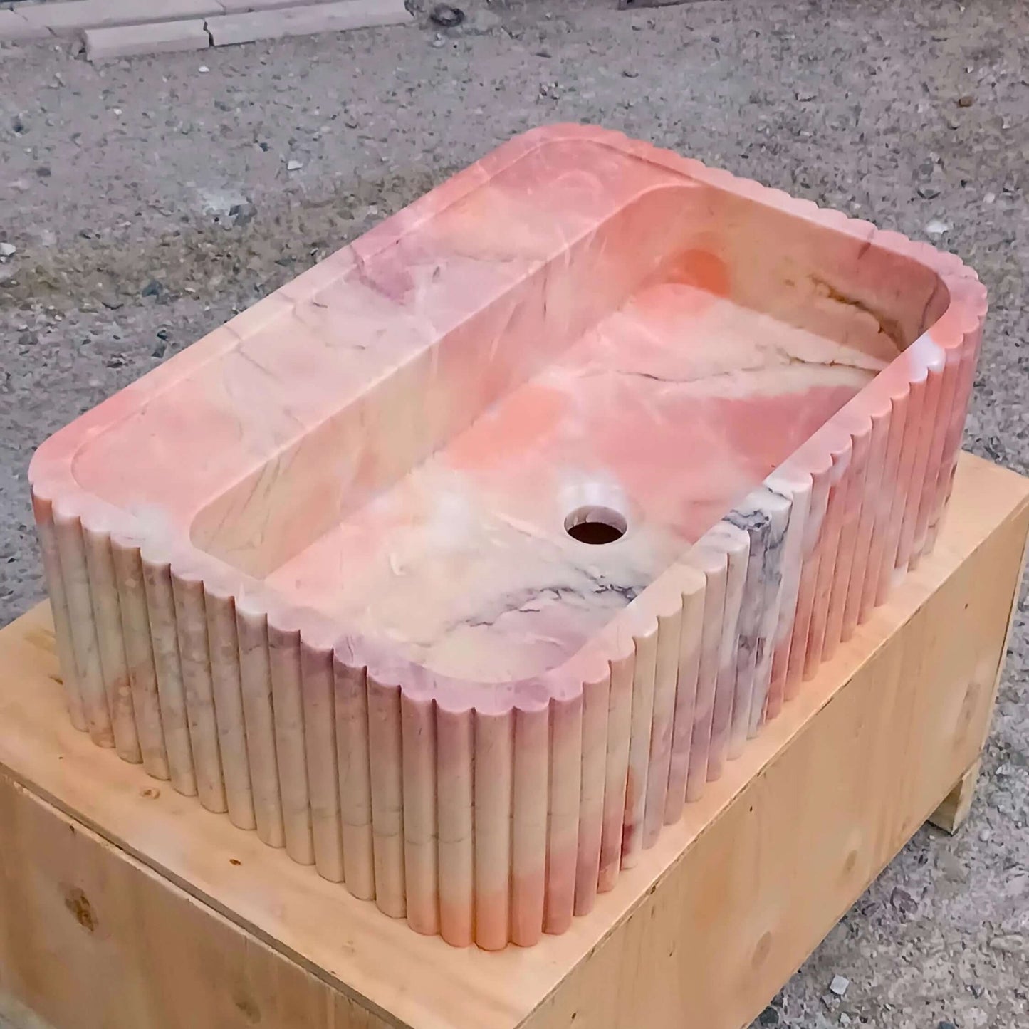 Pink Wall Mount Sink, Pink Marble Sink, Pink Stone Bathroom Sink, Pink marble Vanity, Pink Basin Powder Bathroom, Fluted Pink Marble Sink - Zeus Marble