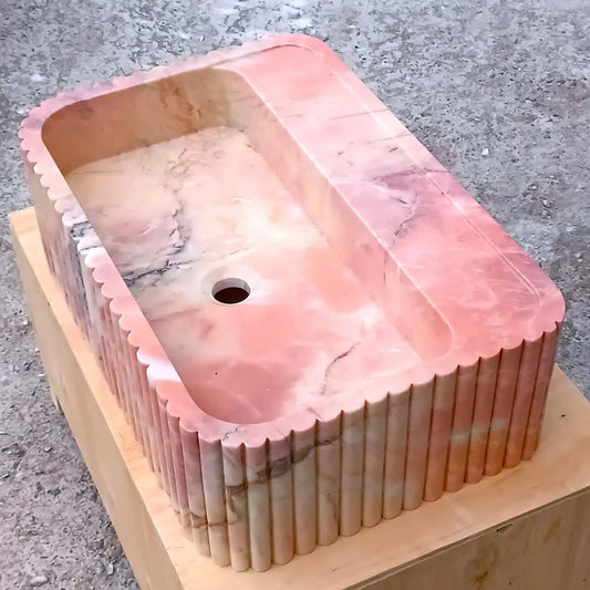 Pink Wall Mount Sink, Pink Marble Sink, Pink Stone Bathroom Sink, Pink marble Vanity, Pink Basin Powder Bathroom, Fluted Pink Marble Sink - Zeus Marble