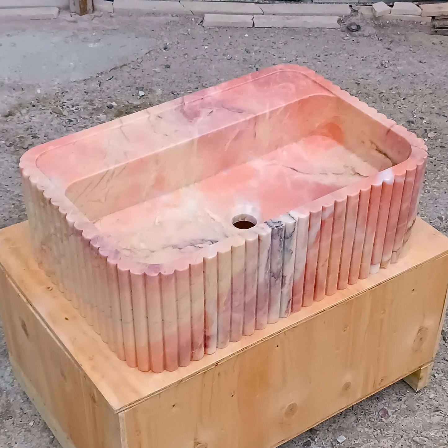 Pink Wall Mount Sink, Pink Marble Sink, Pink Stone Bathroom Sink, Pink marble Vanity, Pink Basin Powder Bathroom, Fluted Pink Marble Sink - Zeus Marble
