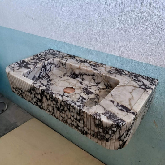 Wall Mount Sink, Calacatta Viola Sink, Ribbed Marble Sink, Solid Marble Bathroom Sink, Grooved Washbasin, Marble Sink, Fluted Sink, Stone - Zeus Marble
