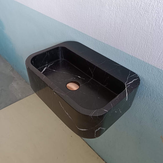 Black Wall Mount Sink, Black Marble Sink, Black Stone Vanity, Black and White Marble Sink, Bathroom Sink, Black Carve Stone Sink, Basin sink - Zeus Marble