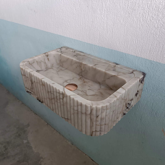 Calacatta Gold Marble Sink, Custom Flute Marble Sink, Gold Stone Sink, Ribbed Marble Sink, Stone Sink Wall Mount, Wall Hung Basin, Sink - Zeus Marble