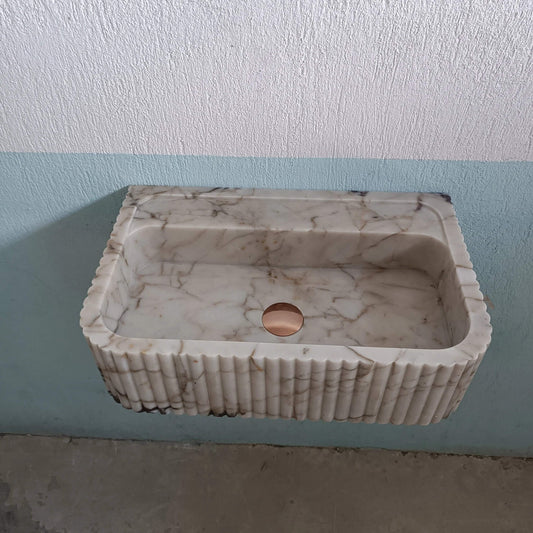 Calacatta Gold Marble Sink, Custom Flute Marble Sink, Gold Stone Sink, Ribbed Marble Sink, Stone Sink Wall Mount, Wall Hung Basin, Sink - Zeus Marble