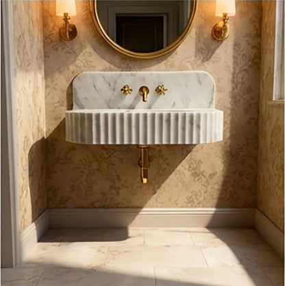 Carrara Marble Wall Mount Bathroom Sink with Backsplash | 28” Natural Stone Sink - Zeus Marble
