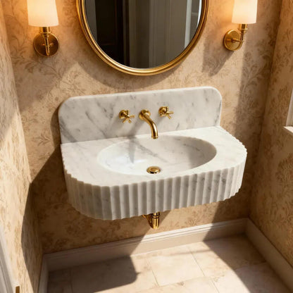 Carrara Marble Wall Mount Bathroom Sink with Backsplash | 28” Natural Stone Sink - Zeus Marble