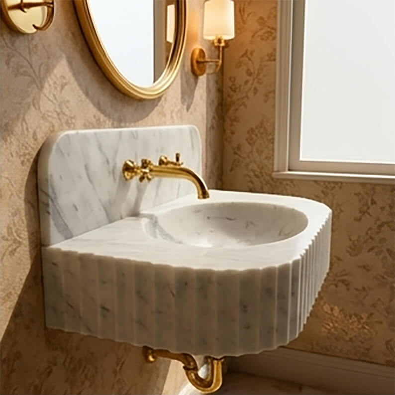 Carrara Marble Wall Mount Bathroom Sink with Backsplash | 28” Natural Stone Sink - Zeus Marble