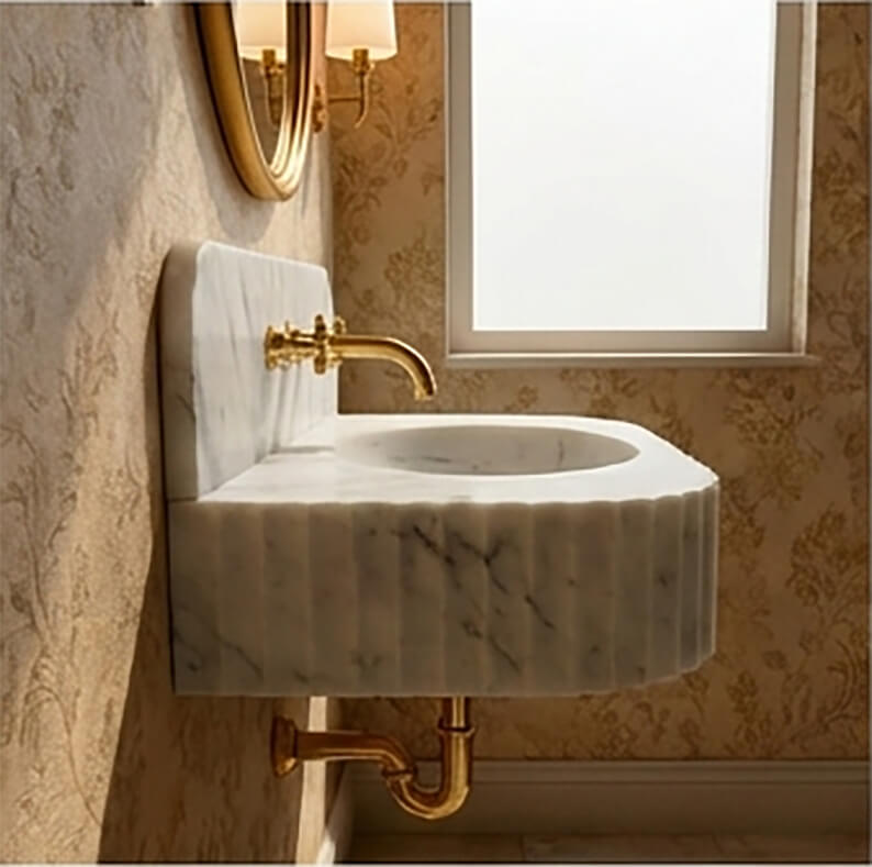 Carrara Marble Wall Mount Bathroom Sink with Backsplash | 28” Natural Stone Sink - Zeus Marble