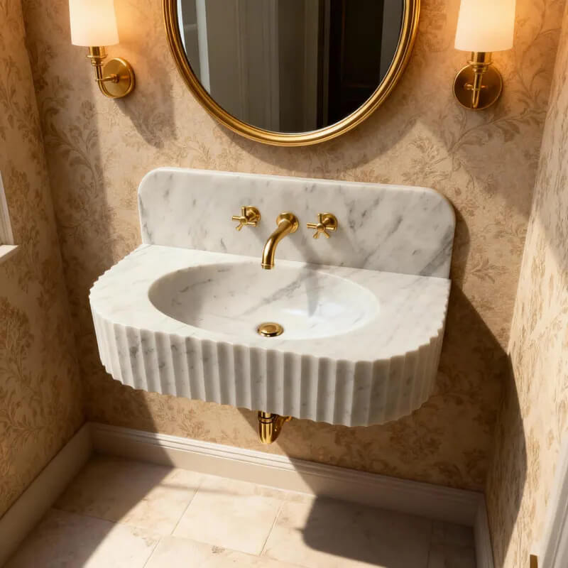 Carrara Marble Wall Mount Bathroom Sink with Backsplash | 28” Natural Stone Sink - Zeus Marble