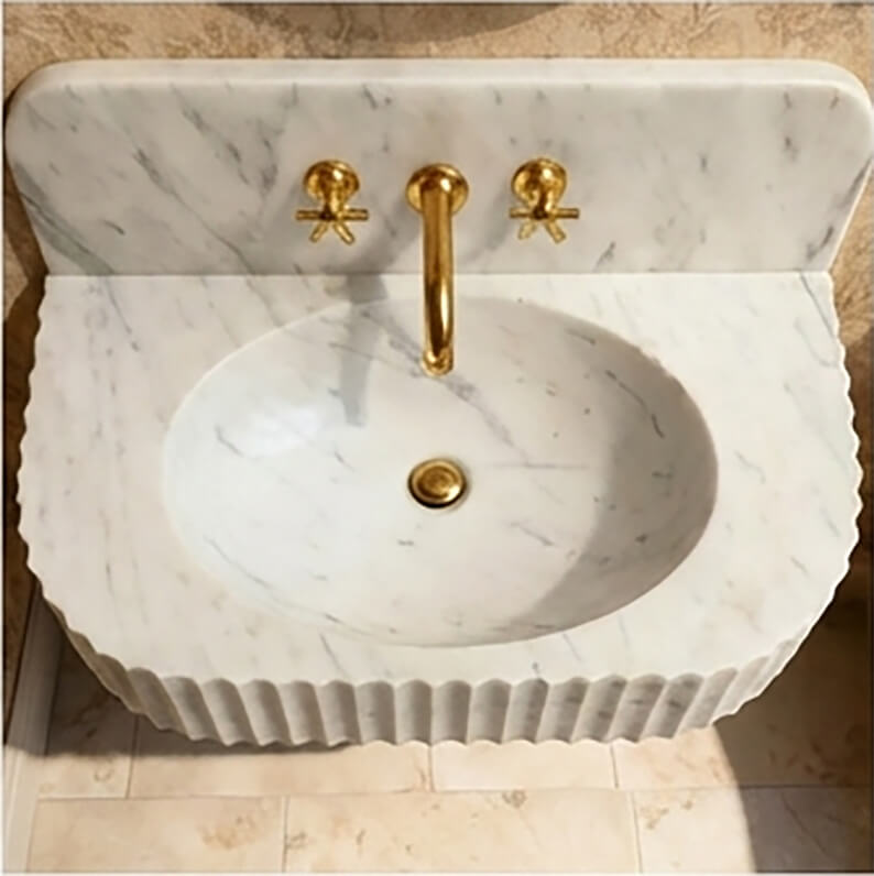 Carrara Marble Wall Mount Bathroom Sink with Backsplash | 28” Natural Stone Sink - Zeus Marble