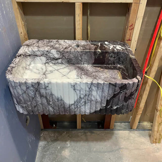 Custom Calacatta Viola Fluted Wall - Mounted Marble Sink - Jennifer Hanson - Zeus Marble