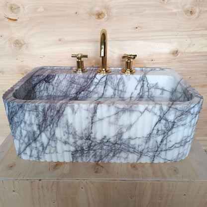 Fluted Farm Sink 24''x16''x8'' Powder Bathroom Sink, Handmade Marble Sink, Custom Stone Sink, Unique Decor, Natural Stone Basin, Vanity Sink - Zeus Marble