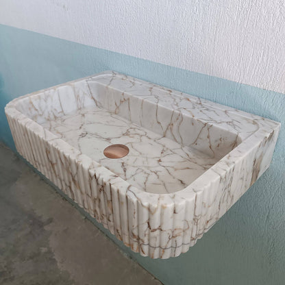 Gold Marble Sink, Wall Mount Bathroom Sink, Flute Marble Sink, Marble Ribbed Sink, Vanity Sink, Marble Basin, Custom Marble Sink, Stone Sink - Zeus Marble