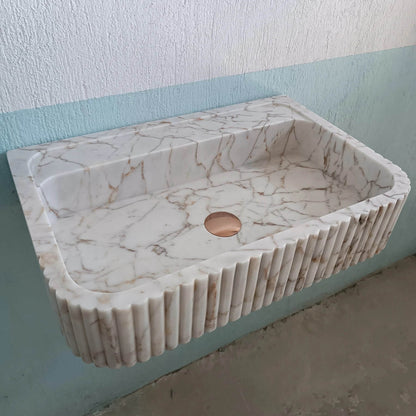 Gold Marble Sink, Wall Mount Bathroom Sink, Flute Marble Sink, Marble Ribbed Sink, Vanity Sink, Marble Basin, Custom Marble Sink, Stone Sink - Zeus Marble