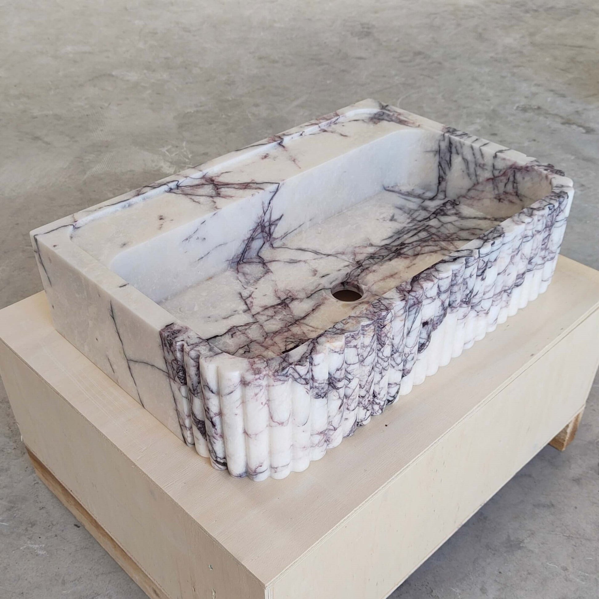 Lilac Marble Fluted Sink - 24" Natural Stone Bathroom Vanity Basin | Handcrafted Wall Mount or Countertop Sink - Zeus Marble