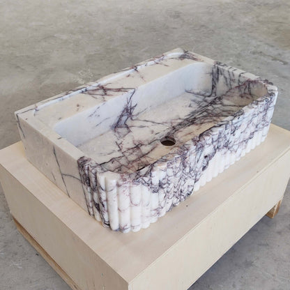 Lilac Marble Fluted Sink - 24" Natural Stone Bathroom Vanity Basin | Handcrafted Wall Mount or Countertop Sink - Zeus Marble