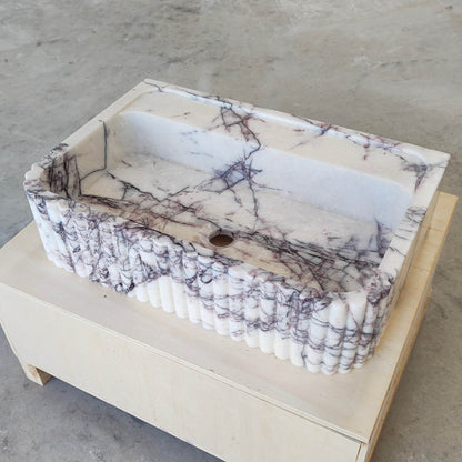 Lilac Marble Fluted Sink - 24" Natural Stone Bathroom Vanity Basin | Handcrafted Wall Mount or Countertop Sink - Zeus Marble
