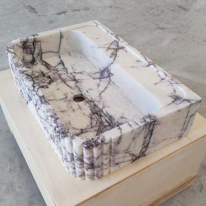 Lilac Marble Fluted Sink - 24" Natural Stone Bathroom Vanity Basin | Handcrafted Wall Mount or Countertop Sink - Zeus Marble