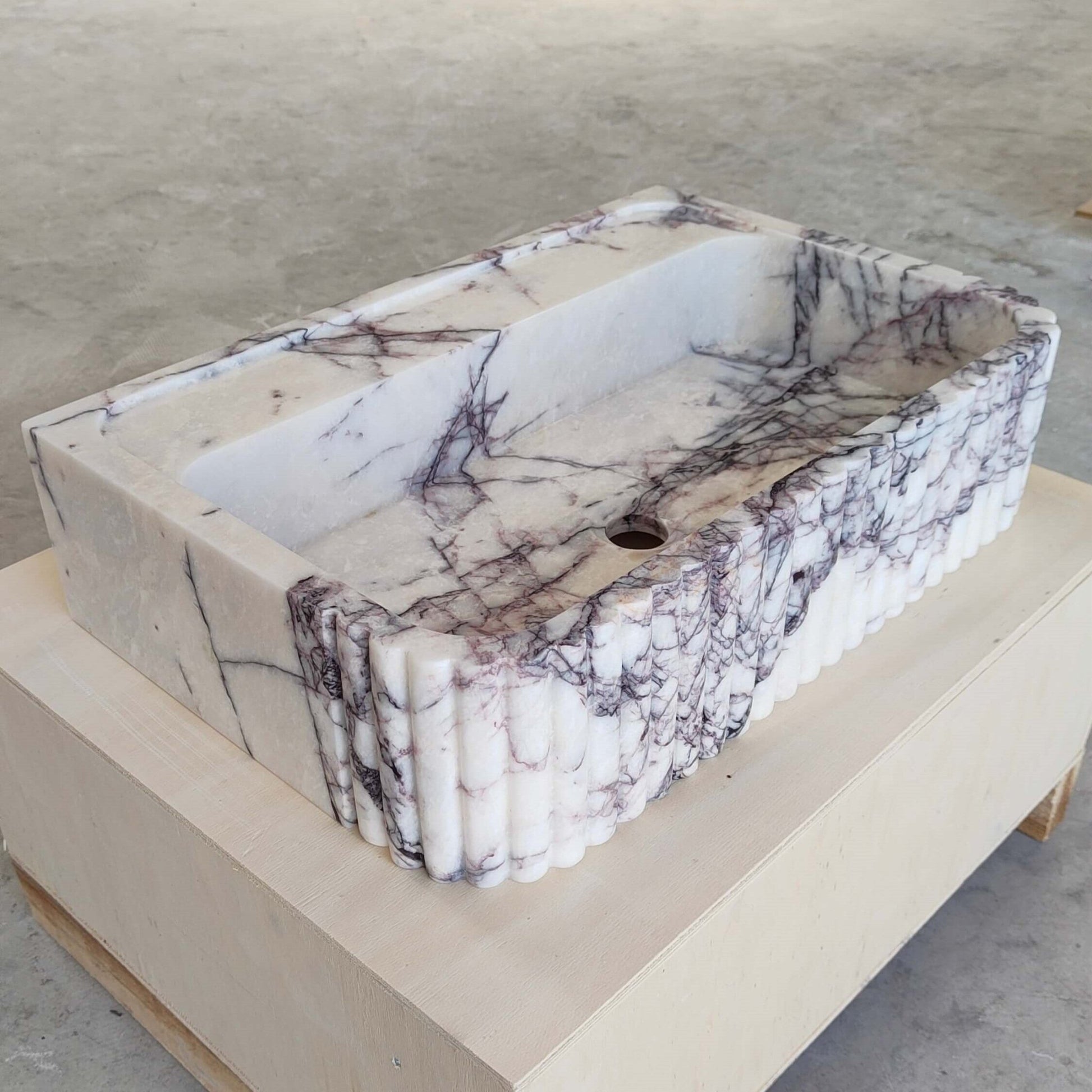 Lilac Marble Fluted Sink - 24" Natural Stone Bathroom Vanity Basin | Handcrafted Wall Mount or Countertop Sink - Zeus Marble