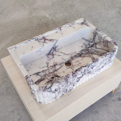 Lilac Marble Fluted Sink - 24" Natural Stone Bathroom Vanity Basin | Handcrafted Wall Mount or Countertop Sink - Zeus Marble