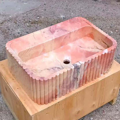 Pink Wall Mount Sink, Pink Marble Sink, Pink Stone Bathroom Sink, Pink marble Vanity, Pink Basin Powder Bathroom, Fluted Pink Marble Sink - Zeus Marble