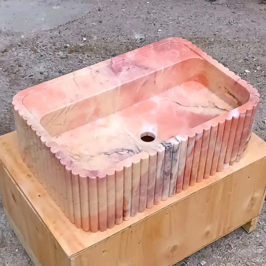 Pink Wall Mount Sink, Pink Marble Sink, Pink Stone Bathroom Sink, Pink marble Vanity, Pink Basin Powder Bathroom, Fluted Pink Marble Sink - Zeus Marble