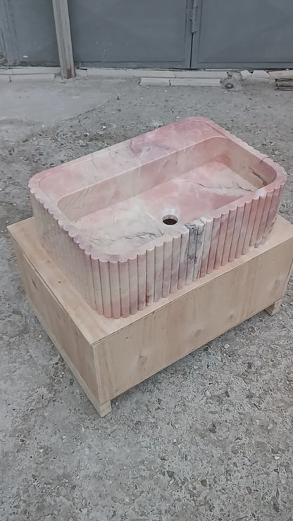 Pink Wall Mount Sink - Pink Marble Bathroom Sink, Fluted Vanity Basin
