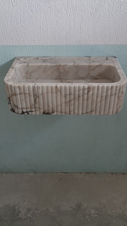 Calacatta Gold Marble Sink - Custom Ribbed Stone Wall Mount Basin