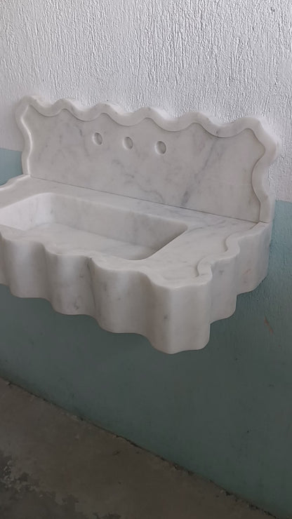 White Stone Carrara Marble Sink - Floating Vanity, Wall Mount Powder Room Basin