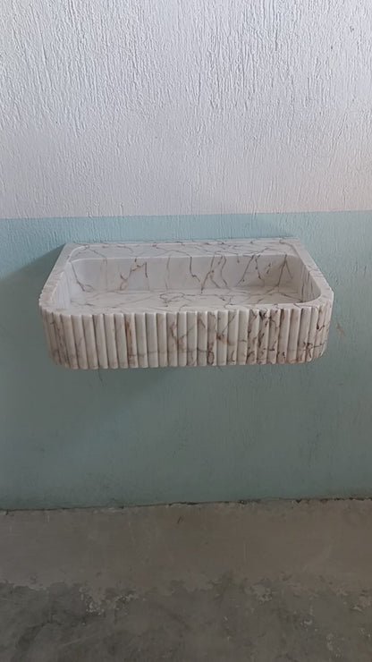 Custom Gold Marble Sink - Wall Mount Vanity, Ribbed Flute Stone Basin
