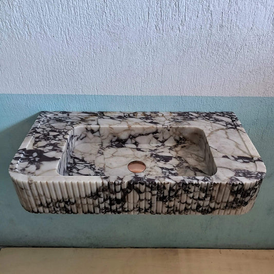 Wall Mount Sink, Calacatta Viola Sink, Ribbed Marble Sink, Solid Marble Bathroom Sink, Grooved Washbasin, Marble Sink, Fluted Sink, Stone - Zeus Marble