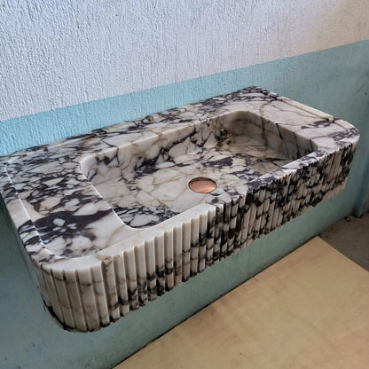 Wall Mount Sink, Calacatta Viola Sink, Ribbed Marble Sink, Solid Marble Bathroom Sink, Grooved Washbasin, Marble Sink, Fluted Sink, Stone - Zeus Marble
