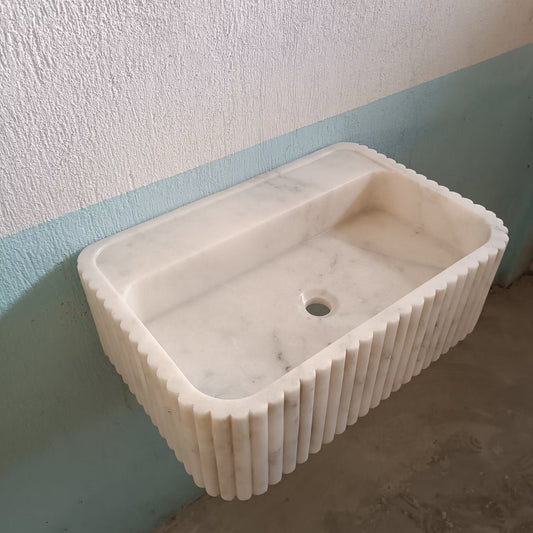 White Marble Floating Sink, White Carrara Marble Sink, White Wall Mount Marble Sink, White Flute Stone Sink, White Farmhouse Sink Carrara - Zeus Marble